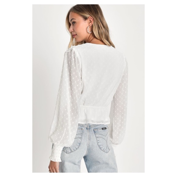 Lulu's Whimsical Charm White Swiss Dot Ruffled Long Sleeve Top White XL - Picture 3 of 6
